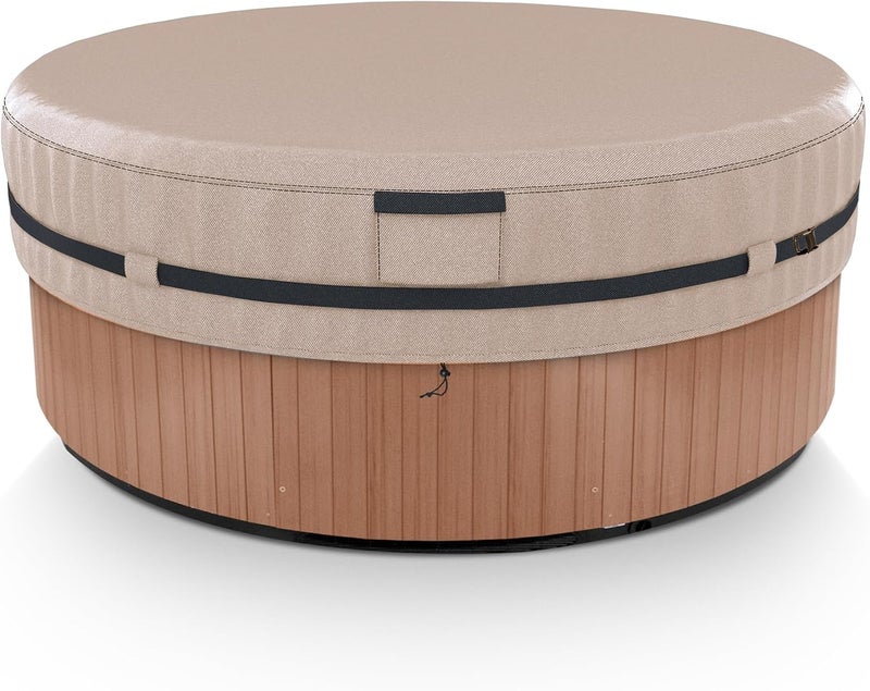 AKEfit Round Hot Tub Cover, 600D Polyester Waterproof for Hot Tub, UV Protection & Windproof, 83''x 20'', Brown - Image 1